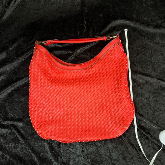 Red faux leather purse with woven front, zip close, interior pockets, outer zip - Picture 2 of 8